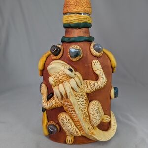 Mexican Aztec Mayan Lizard Folk Art Decanter Tequila Bottle Sculpture Decor